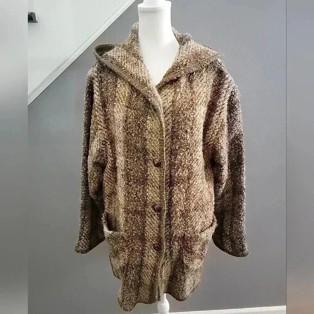WEAVE OF THE IRISH hand knit plaid wool chore sweater jacket XS vtg 90s Oversize